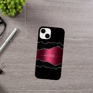 Black burgundy agate marble name script  Case-Mate iPhone 14 case