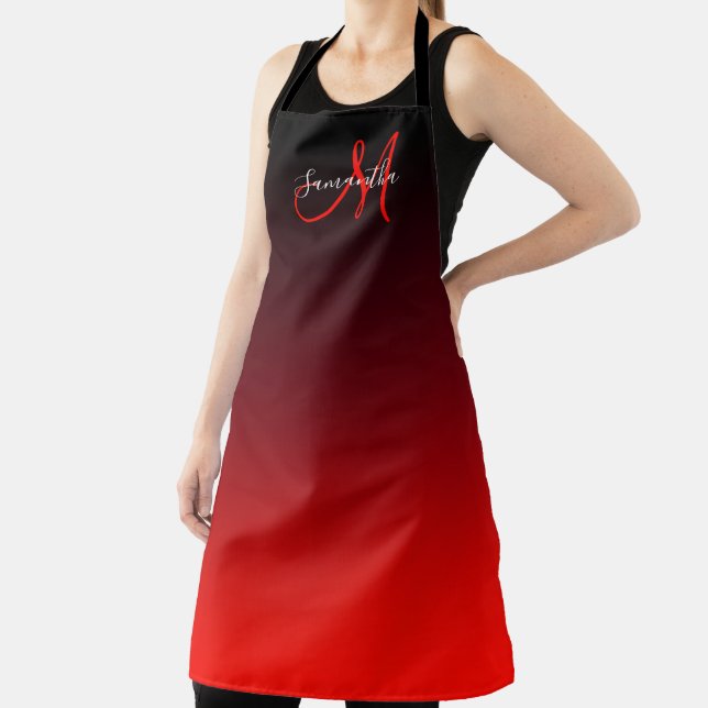 Black Burgundy and Bright Red Ombre Monogram Apron (Insitu)