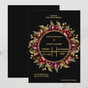 Black Burgundy and Gold Floral Modern Boho Wedding Invitation