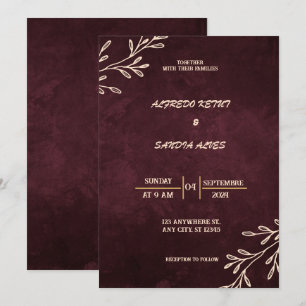 Black Burgundy and Gold Floral Modern Boho Wedding Invitation