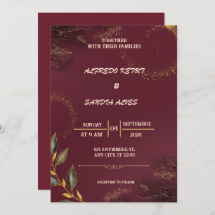 Black Burgundy and Gold Floral Modern Boho Wedding Invitation