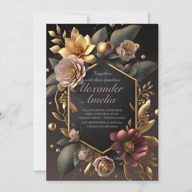 Black Burgundy and Gold Floral Modern Boho Wedding Invitation (Front)