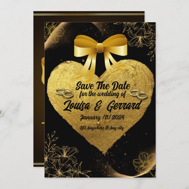 Black Burgundy and Gold Floral Modern Boho Wedding Invitation (Front/Back)