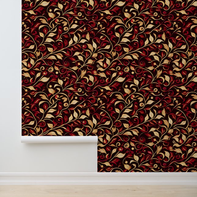 Black, Burgundy and Gold Foliage and Vines Classy Wallpaper (Application)