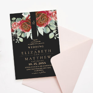 Black Burgundy and Gold Red Rose Modern Wedding Invitation