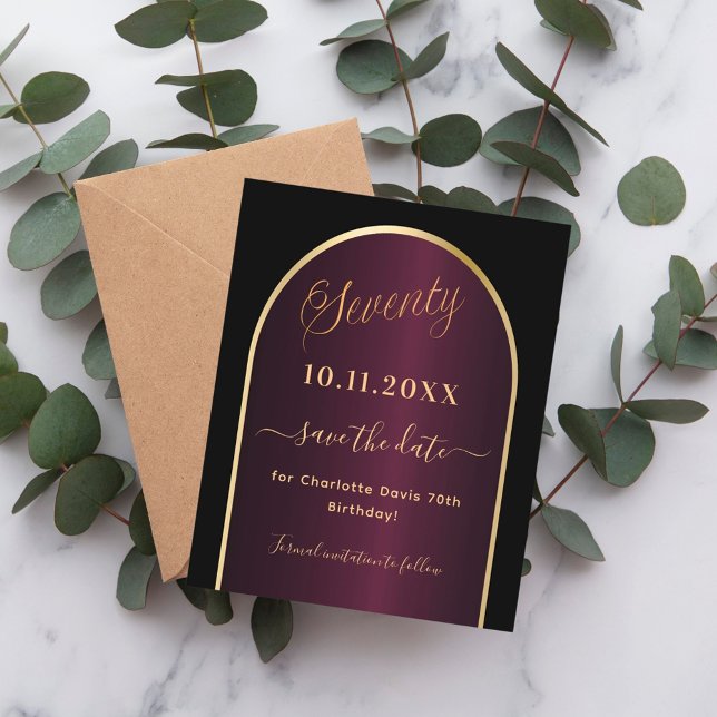 Black burgundy budget 70th birthday save the date flyer (Creator Uploaded)