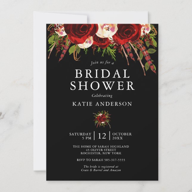 Black Burgundy Floral Boho Bridal Shower Invitation (Front)
