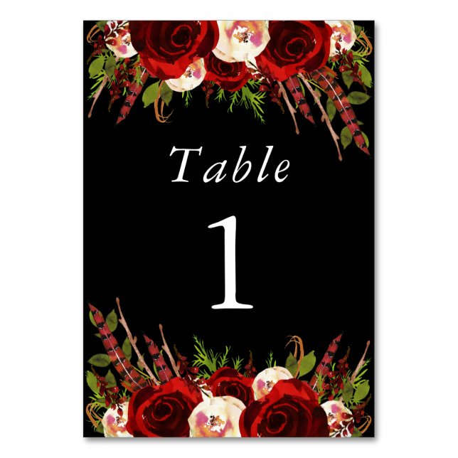 Black Burgundy Floral Boho Table Number (Front)