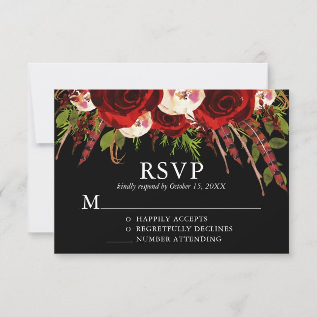 Black Burgundy Floral Boho Wedding RSVP Card (Front)
