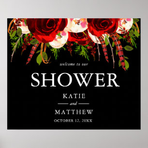 Black Burgundy Floral Boho Welcome to Our Shower Poster
