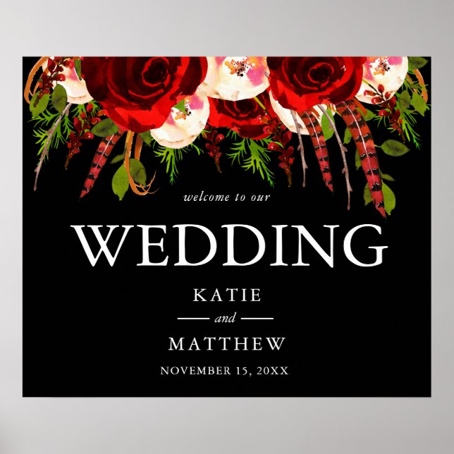 Black Burgundy Floral Boho Welcome to Our Wedding Poster (Front)
