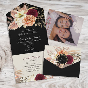 Black Burgundy Floral Wedding All-In-One Invite