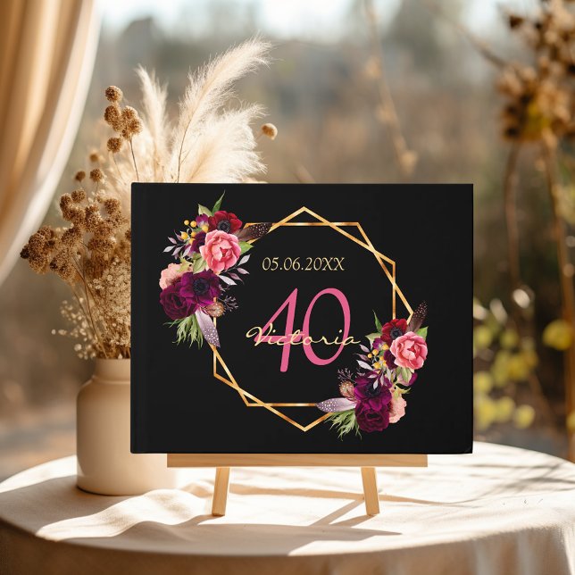 Black burgundy florals 40th birthday guest book (Creator Uploaded)
