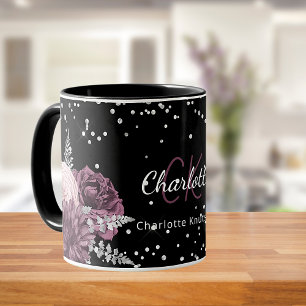 Black burgundy florals elegant monogram name mug