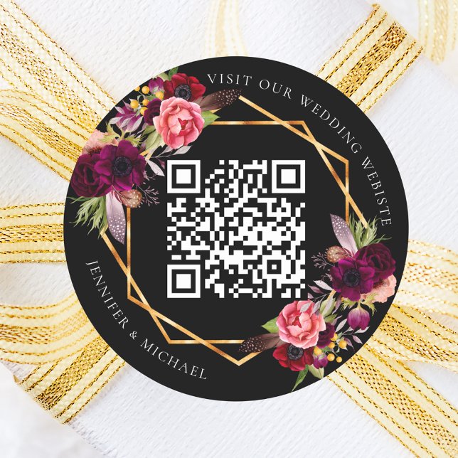 Black burgundy florals gold geometric QR wedding Classic Round Sticker (Creator Uploaded)