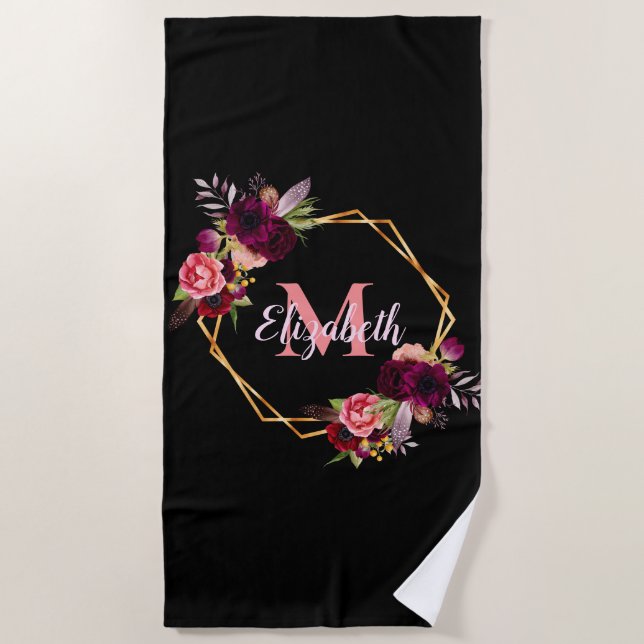 Black burgundy flowers monogram name geometric beach towel (Front)