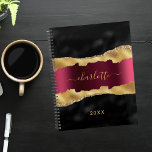 Black burgundy gold agate marble name planner<br><div class="desc">Black burgundy and faux gold,  agate,  marble stone print as background. Personalise and add your name and a year. The name is written with a modern hand lettered style script.</div>