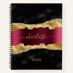Black burgundy gold agate marble name script notebook