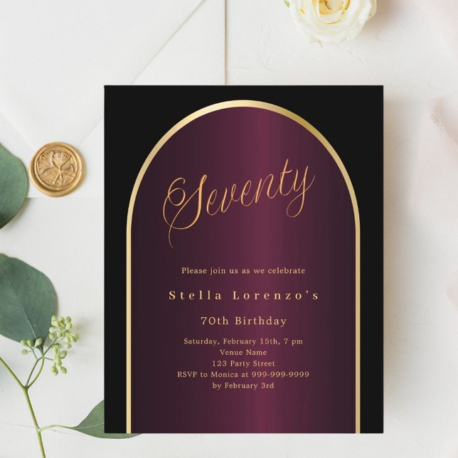 Black burgundy gold arch 70th birthday invitation (Creator Uploaded)