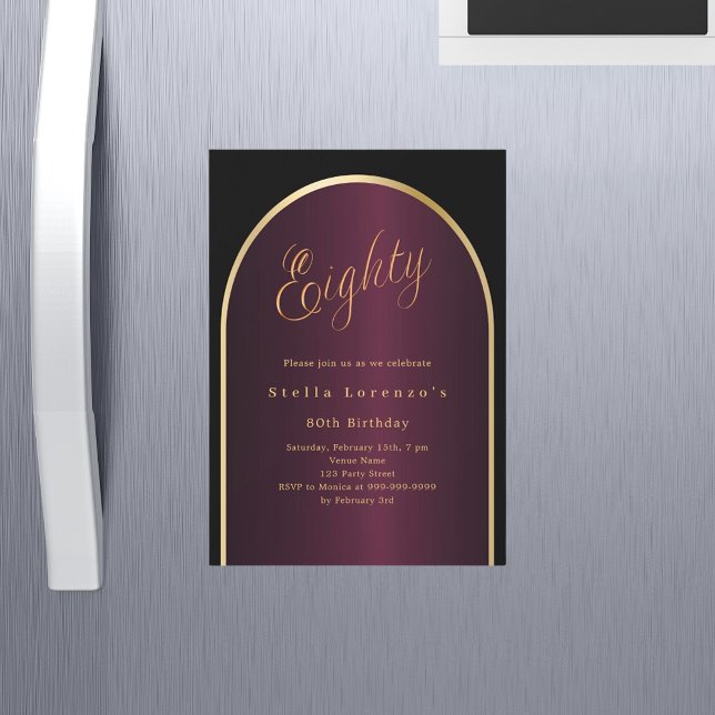Black burgundy gold arch 80th birthday luxury magnetic invitation (Creator Uploaded)