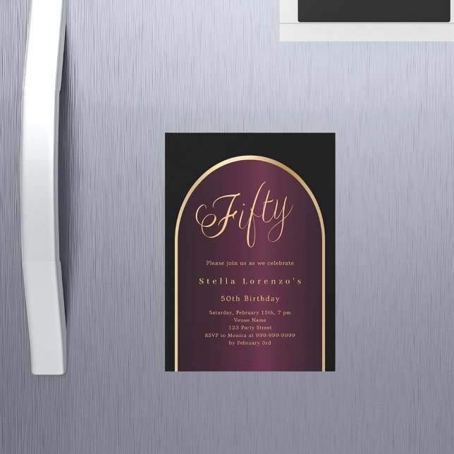 Black burgundy gold arch luxury 50th birthday magnetic invitation (Creator Uploaded)