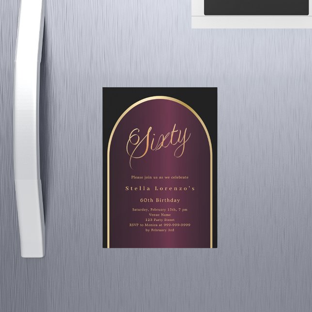 Black burgundy gold arch luxury 60th birthday magnetic invitation (Creator Uploaded)