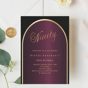 Black burgundy gold arch luxury 90th birthday invitation
