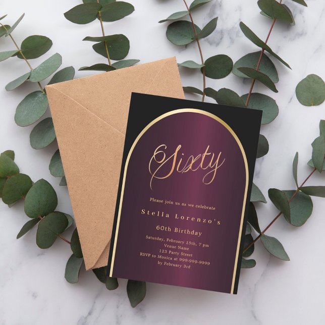 Black burgundy gold arch script 60th birthday invitation (Creator Uploaded)