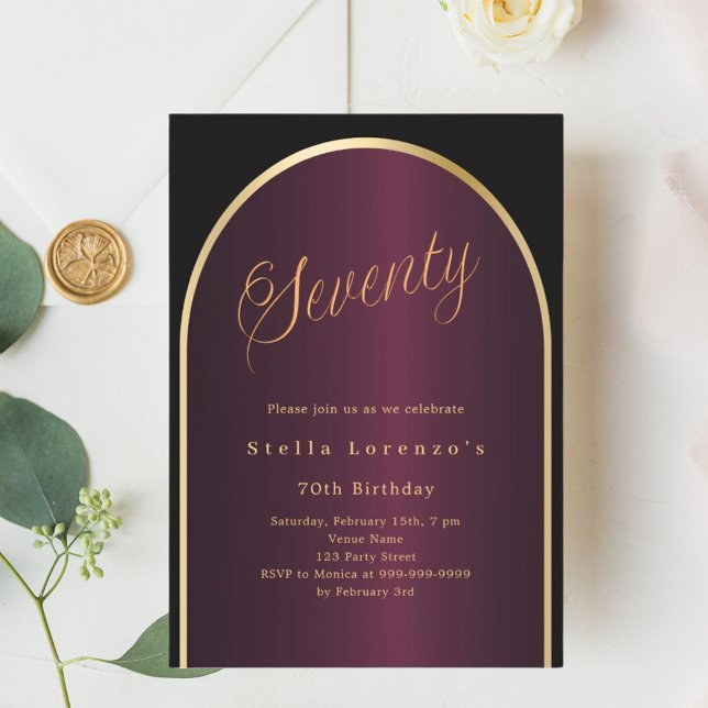 Black burgundy gold arch script 70th birthday invitation (Creator Uploaded)