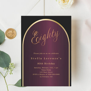 Black burgundy gold arch script 80th birthday invitation
