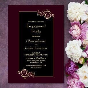 Black Burgundy Gold Engagement Party Invitation