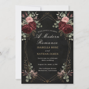 Black Burgundy Gold Floral Wedding Invitation