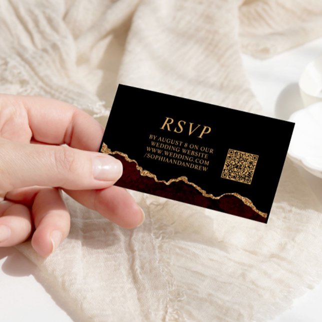 Black & Burgundy Gold Font   Wedding QR Code RSVP Enclosure Card (Creator Uploaded)