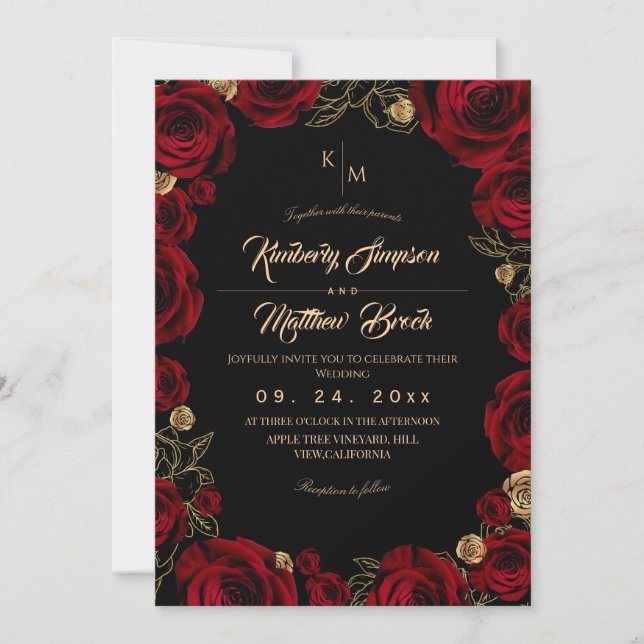 Black Burgundy⎮ Gold Rose Floral Boho Wedding Invitation (Front)