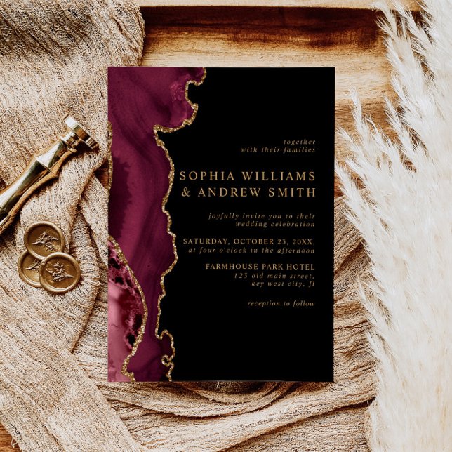 Black & Burgundy Gold Wedding Invitation (Creator Uploaded)