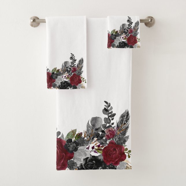Black Burgundy Goth Flower Rose Bath Halloween   Bath Towel Set (Insitu)