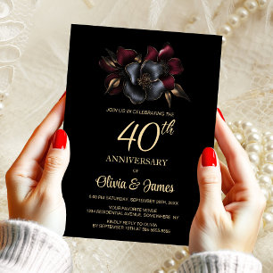 Black Burgundy Grey Floral 40th Anniversary Invitation