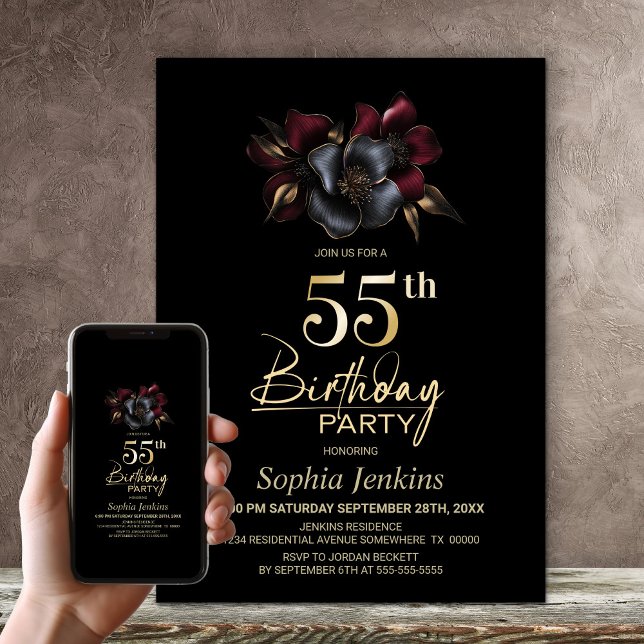 Black Burgundy Grey Floral 55th Birthday Party Invitation (Creator Uploaded)