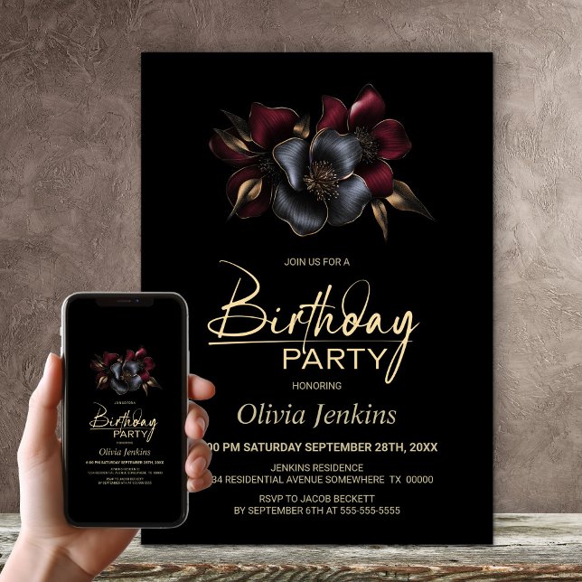 Black Burgundy Grey Floral Any Age Birthday Party Invitation (Creator Uploaded)
