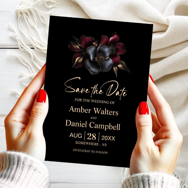 Black Burgundy Grey Floral Save the Date Invitation (Creator Uploaded)