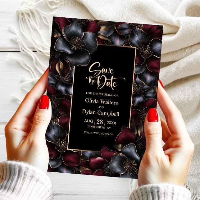 Black Burgundy Grey Floral Wedding Save the Date Invitation (Creator Uploaded)