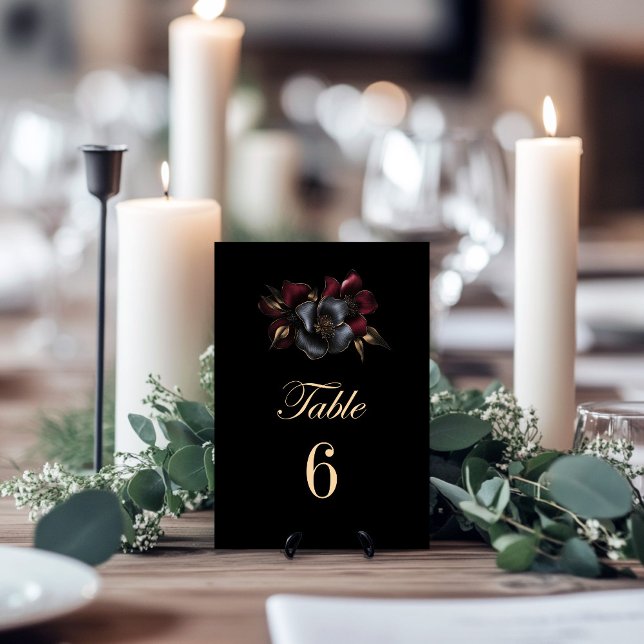 Black Burgundy Grey Floral Wedding Table Number (Creator Uploaded)