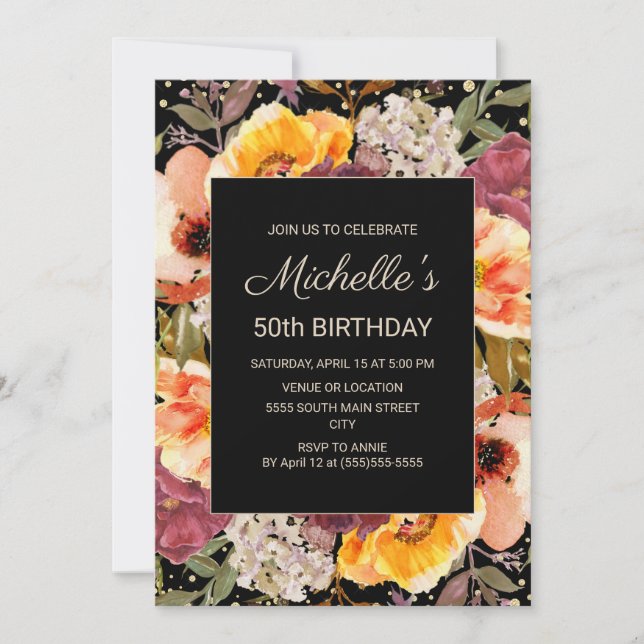 Black Burgundy Orange Floral Gold 50th Birthday Invitation (Front)