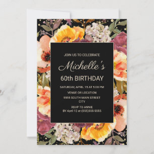 Black Burgundy Orange Floral Gold 60th Birthday Invitation