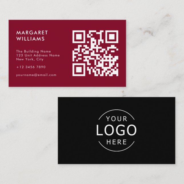 Black & Burgundy QR Code Logo Modern Professional Business Card (Front/Back)
