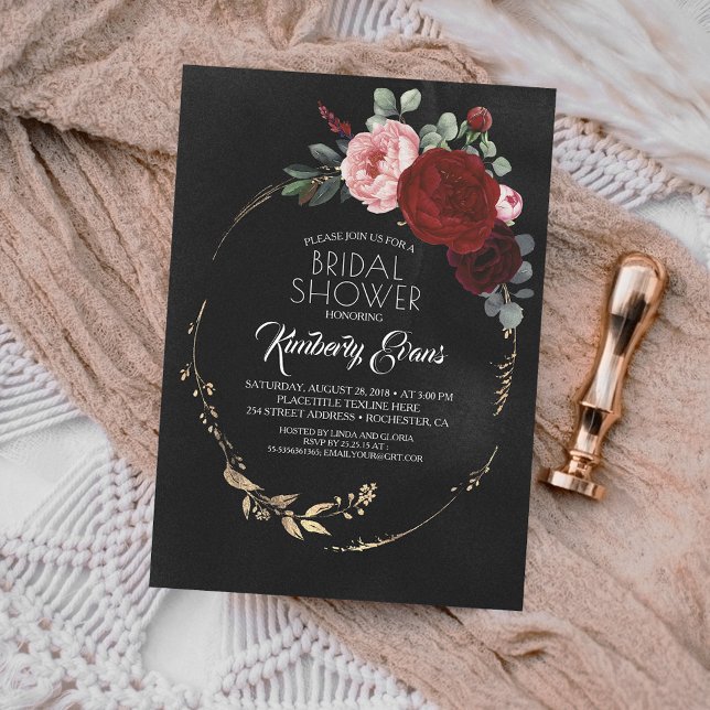 Black Burgundy Red and Gold Floral Bridal Shower Invitation (Creator Uploaded)