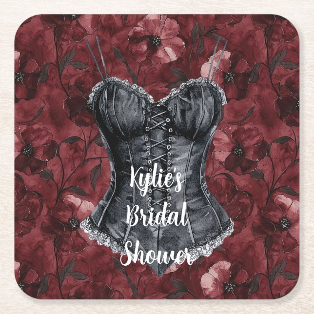 Black Burgundy Red Corset Bridal Shower Square Paper Coaster (Front)