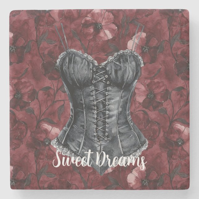 Black Burgundy Red Corset Stone Coaster (Front)