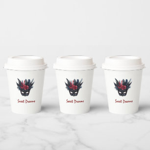 Black Burgundy Red Feathers Mask Bridal Shower Paper Cups