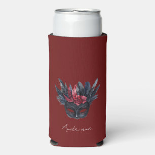 Black Burgundy Red Feathers Mask Seltzer Can Cooler
